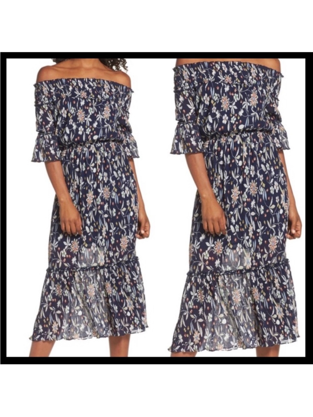 Chelsea28 Navy Off The Shoulder Smocked Floral Midi Dress Size Small Baby Shower